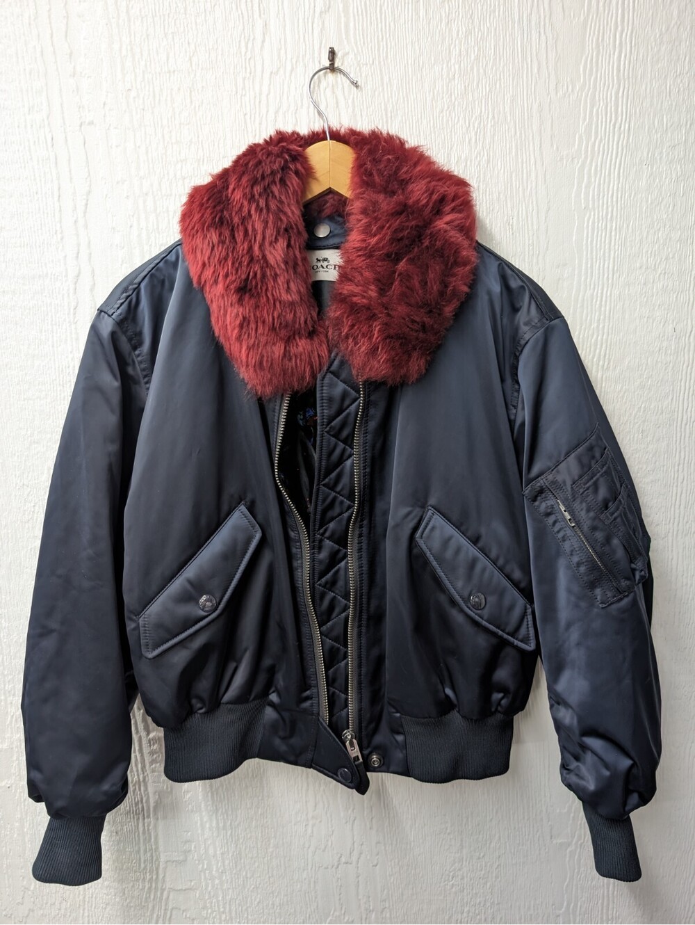 Coach MA-1 Bomber Jacket Coat Navy Blue Shearling Fur Women's Size Small